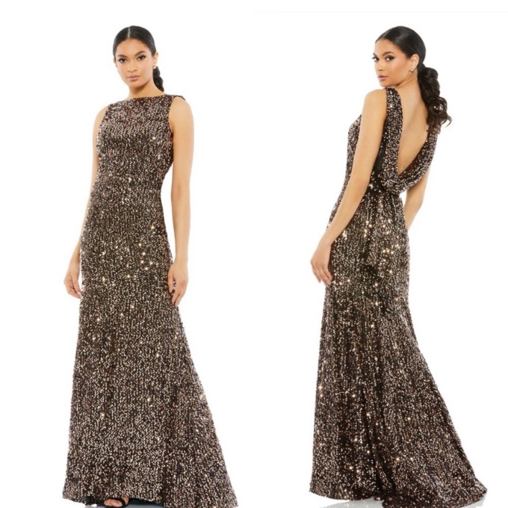 NWT Mac Duggal Cowl Back Boat Neck Sequin Evening Gown Bronze style 26331 sz 8